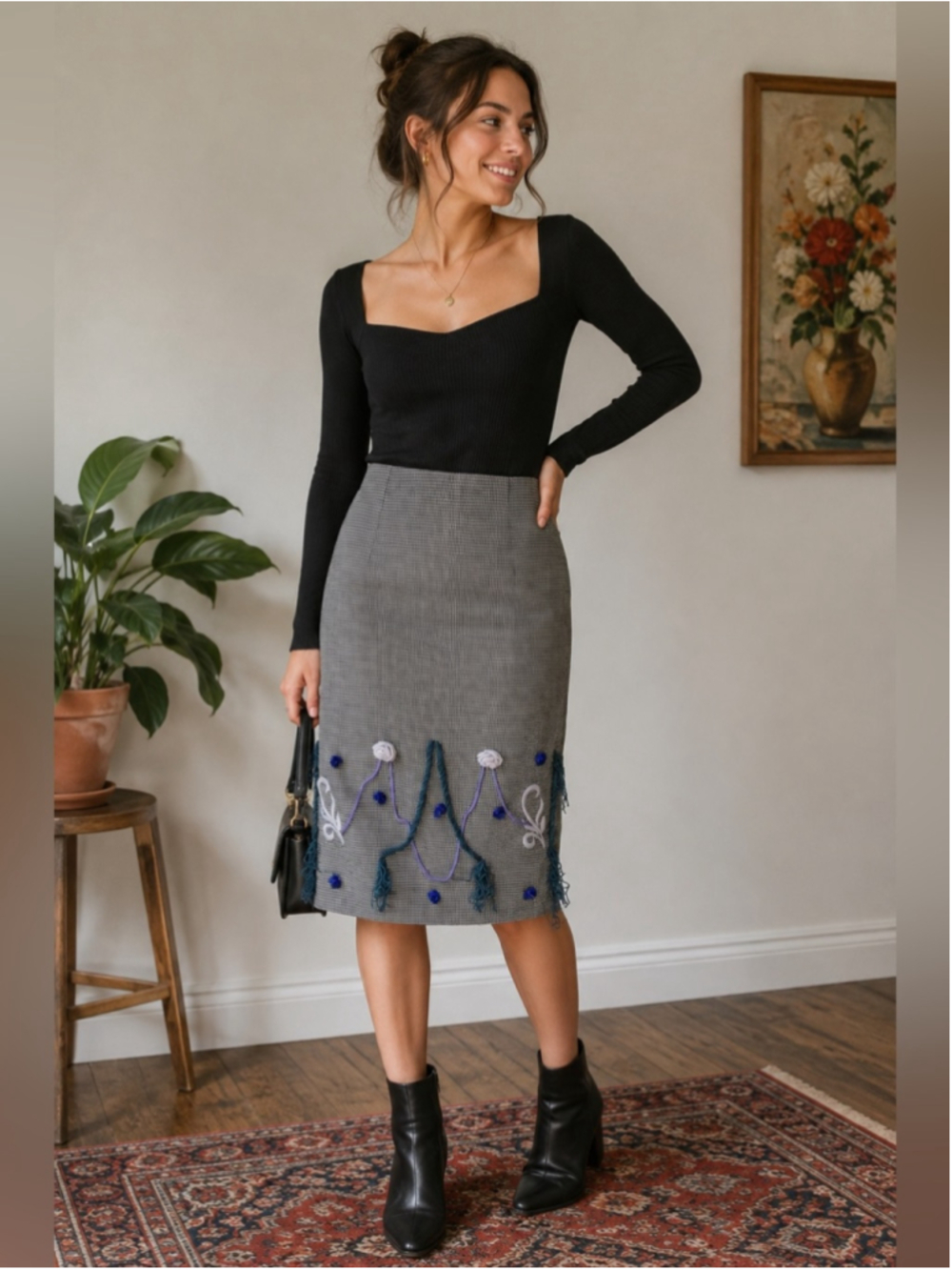 Handmade Gray High-Waist Embroidered Pencil Skirt Size S or M Cottagecore